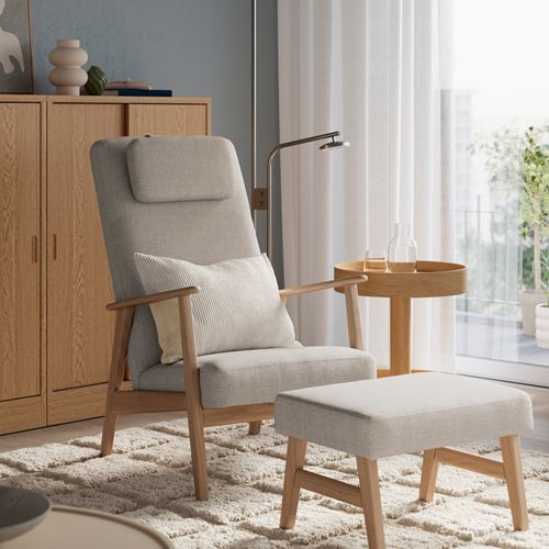 IKEA - EKENASET, high-back armchair, oak effect-kilanda light beige