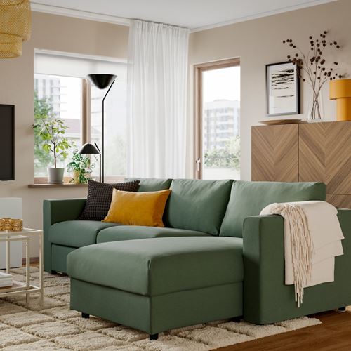 IKEA - VIMLE, uzanma koltuklu 3'lü kanepe, Knaback gri-yeşil