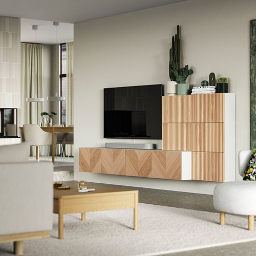 IKEA - BESTA, tv storage unit, white/oak veneer, 300x42x114 cm
