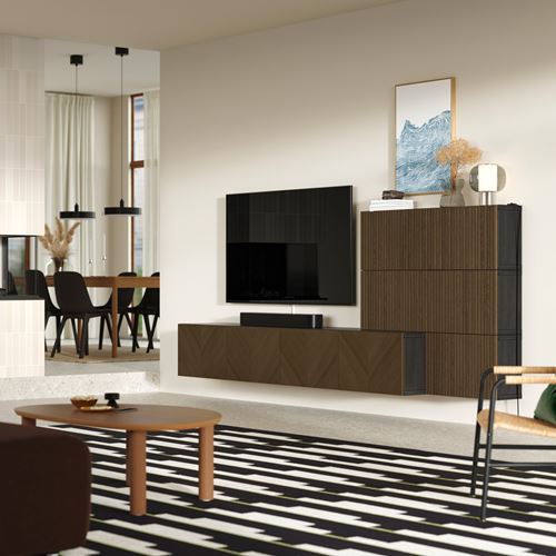 IKEA - BESTA, tv storage unit, black-brown/brown oak veneer, 300x42x114 cm