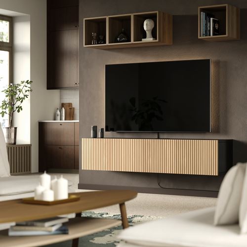 IKEA - BESTA, tv bench, black-brown/brown oak veneer, 180x42x38 cm