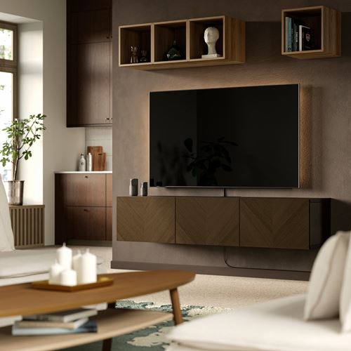 IKEA - BESTA, tv bench, black-brown/brown oak veneer, 180x42x38 cm