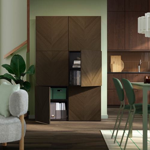 IKEA - BESTA, storage combination, black-brown/brown oak veneer, 120x42x193 cm