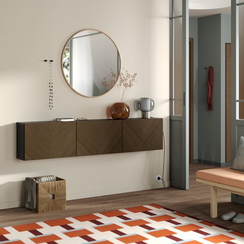 IKEA - BESTA, wall cabinet, black-brown/brown oak veneer, 180x22x38 cm