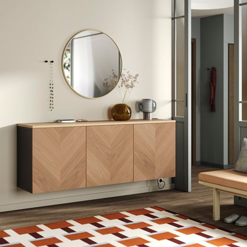 IKEA - BESTA, wall cabinet, black-brown/oak veneer, HEDEVIKEN