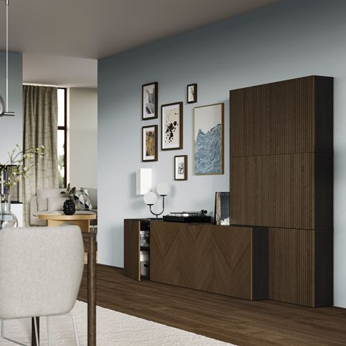 IKEA - BESTA, tv storage unit, black-brown/brown oak veneer, 300x42x193 cm
