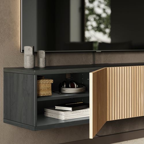 IKEA - BESTA, tv bench, black-brown/brown oak veneer, 180x42x38 cm