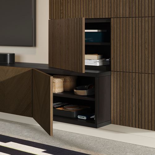 IKEA - BESTA, tv storage unit, black-brown/brown oak veneer, 300x42x114 cm