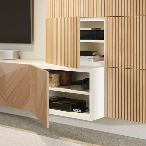 IKEA - BESTA, tv storage unit, white/oak veneer, 300x42x114 cm
