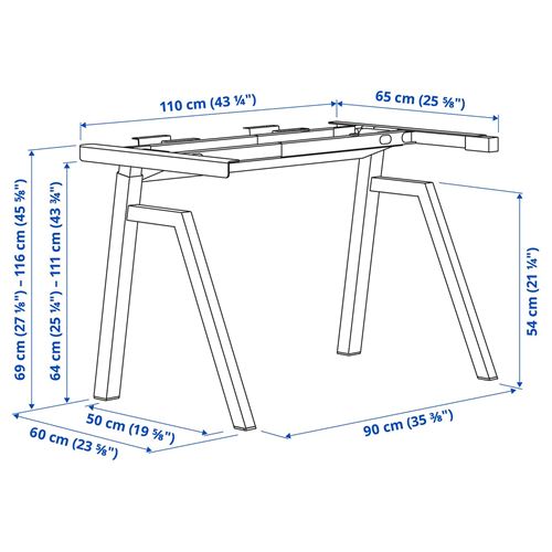 IKEA - TROTTEN, height adjustable underframe, white, 120x70 cm