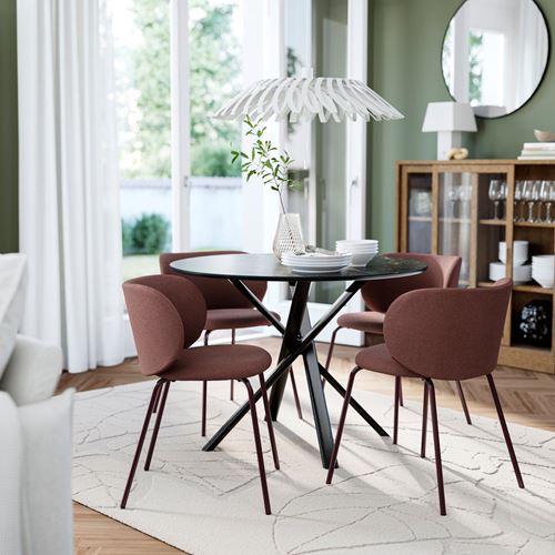 IKEA - NORRMJÖLE/KRYLBO, yemek masası takımı, siyah mermer görünüm-Tibbleby koyu kırmızı, 4 sandalyeli