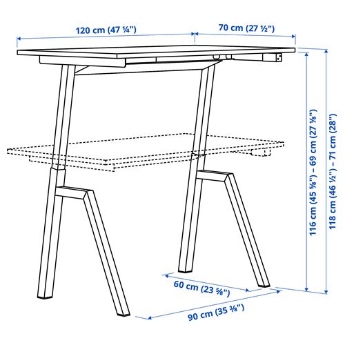 IKEA - TROTTEN, height adjustable desk, ash-white, 120x70 cm