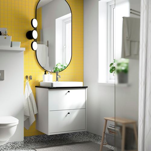 IKEA - HAVBACK/TOLKEN/ORRSJÖN, lavabo dolabı kombinasyonu, beyaz-siyah mermer görünüm, 62x49x71 cm