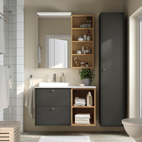 IKEA - HAVBACK/TOLKEN/ORRSJÖN, wash-basin and cabinet, dark grey-oak effect-white marble effect, 102x49x71 cm