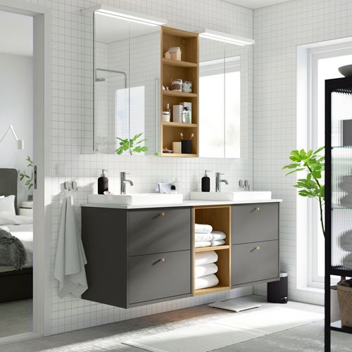IKEA - HAVBACK/TOLKEN/ORRSJÖN, wash-basin and cabinet, dark grey-oak effect-white marble effect, 162x49x71 cm