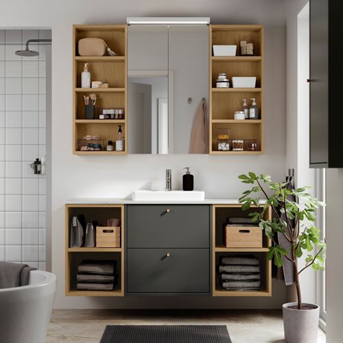 IKEA - HAVBACK/TOLKEN/ORRSJÖN, wash-basin and cabinet, dark grey-oak effect-white marble effect, 142x49x71 cm