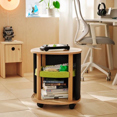 IKEA - YXSTABY, tekerlekli yan sehpa, meşe kaplama-gri