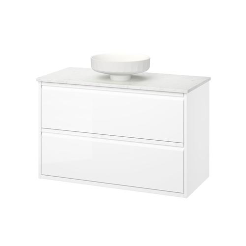IKEA - ANGSJÖN/TOLKEN/LERSJÖN, wash-basin and cabinet, high-gloss white/white marble effect, 102x49x79 cm