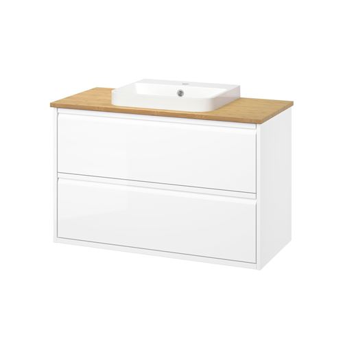 IKEA - ANGSJÖN/ALSKEN/BACKSJÖN, wash-basin and cabinet, high-gloss white-bamboo, 102x49x71 cm