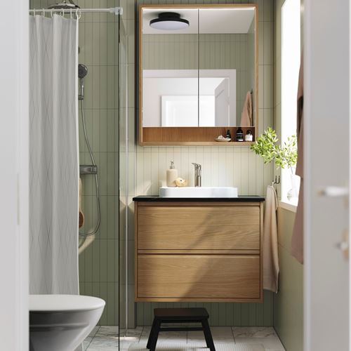 IKEA - ANGSJÖN/TOLKEN/BACKSJÖN, wash-basin and cabinet, oak effect-black marble effect, 82x49x71 cm