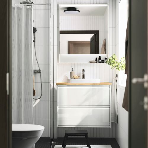 IKEA - ANGSJÖN/ALSKEN/BACKSJÖN, wash-basin and cabinet, high-gloss white-bamboo, 82x49x71 cm