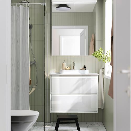 IKEA - ANGSJÖN/TOLKEN/BACKSJÖN, lavabo dolabı kombinasyonu, parlak cila beyaz-beyaz mermer görünüm, 82x49x71 cm