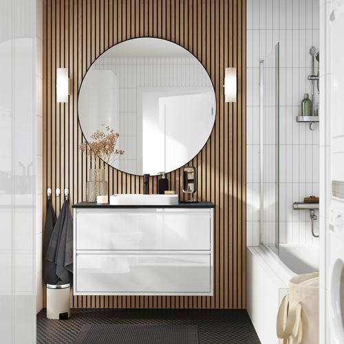 IKEA - ANGSJÖN/TOLKEN/BACKSJÖN, lavabo dolabı kombinasyonu, parlak cila beyaz-siyah mermer görünüm, 102x49x71 cm