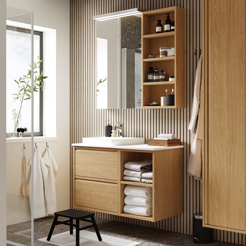 IKEA - ANGSJÖN/TOLKEN/BACKSJÖN, wash-basin and cabinet, oak effect-white marble effect, 102x49x71 cm