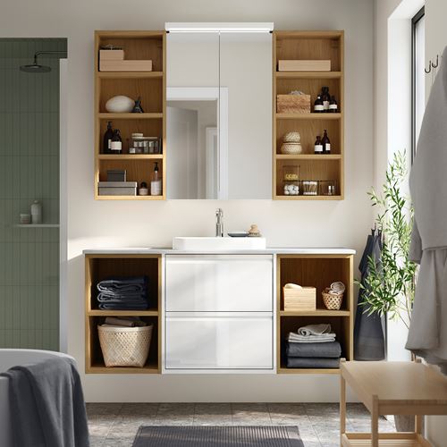 IKEA - ANGSJÖN/TOLKEN/BACKSJÖN, lavabo dolabı kombinasyonu, parlak cila beyaz-meşe görünümlü-beyaz mermer görünüm, 142x49x71 cm