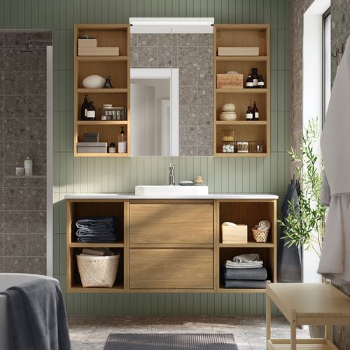 IKEA - ANGSJÖN/TOLKEN/BACKSJÖN, wash-basin and cabinet, oak effect-white marble effect, 142x49x71 cm