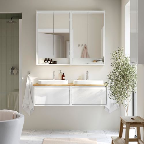IKEA - ANGSJÖN/ALSKEN/BACKSJÖN, wash-basin and cabinet, high-gloss white-bamboo, 122x49x41 cm