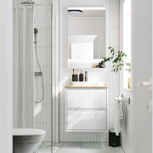 IKEA - ANGSJÖN/ALSKEN/BACKSJÖN, wash-basin and cabinet, high-gloss white-bamboo, 62x49x71 cm