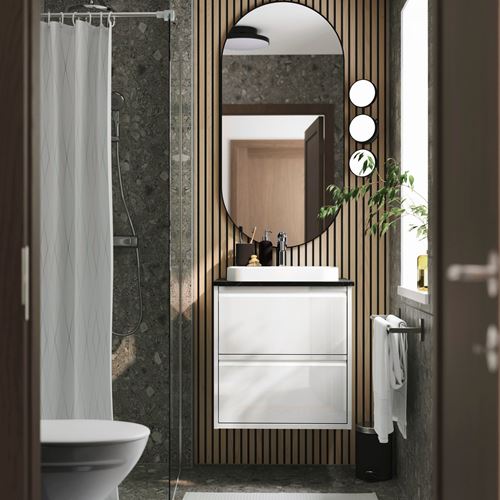 IKEA - ANGSJÖN/TOLKEN/BACKSJÖN, lavabo dolabı kombinasyonu, parlak cila beyaz-siyah mermer görünüm, 62x49x71 cm