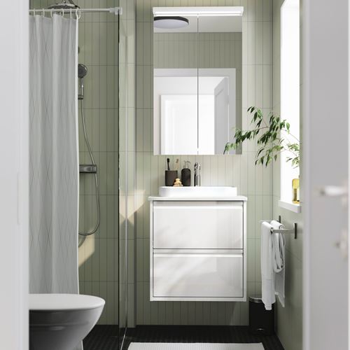 IKEA - ANGSJÖN/TOLKEN/BACKSJÖN, wash-basin and cabinet, high-gloss white/white marble effect, 62x49x71 cm