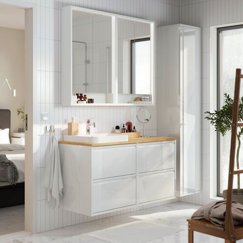 IKEA - ANGSJÖN/ALSKEN/BACKSJÖN, wash-basin and cabinet, high-gloss white-bamboo, 122x49x71 cm