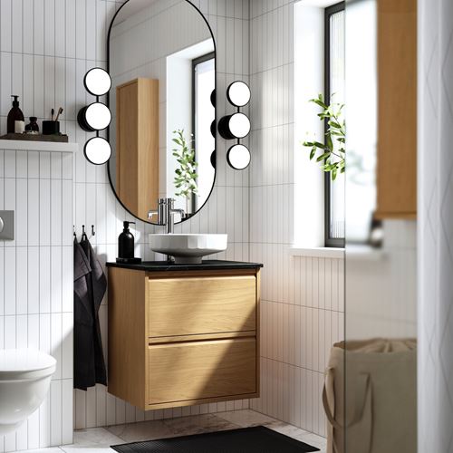IKEA - ANGSJÖN/TOLKEN/LERSJÖN, wash-basin and cabinet, oak effect-black marble effect, 62x49x79 cm