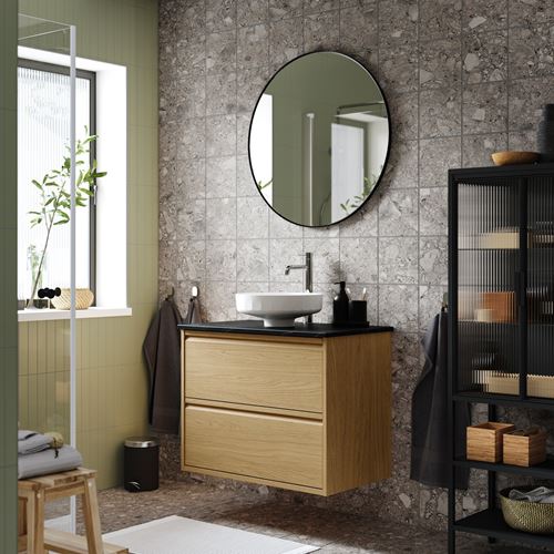 IKEA - ANGSJÖN/TOLKEN/LERSJÖN, wash-basin and cabinet, oak effect-black marble effect, 82x49x79 cm