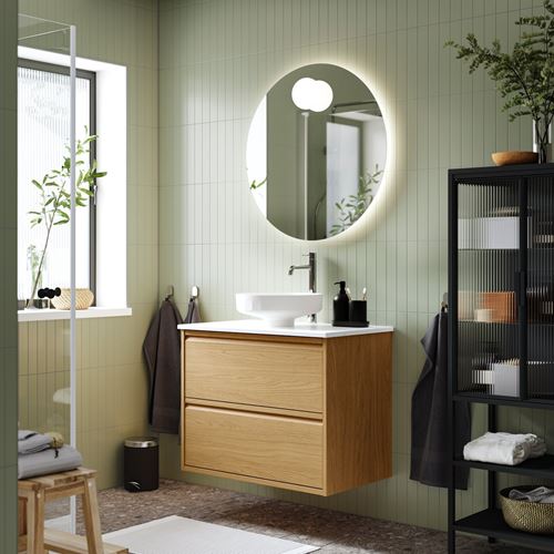 IKEA - ANGSJÖN/TOLKEN/LERSJÖN, wash-basin and cabinet, oak effect-white marble effect, 82x49x79 cm