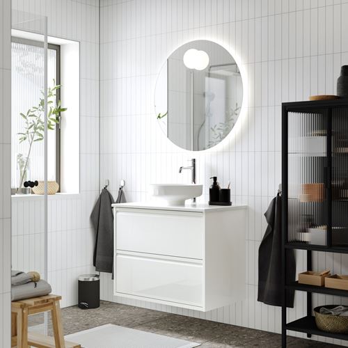 IKEA - ANGSJÖN/TOLKEN/LERSJÖN, wash-basin and cabinet, high-gloss white/white marble effect, 82x49x79 cm
