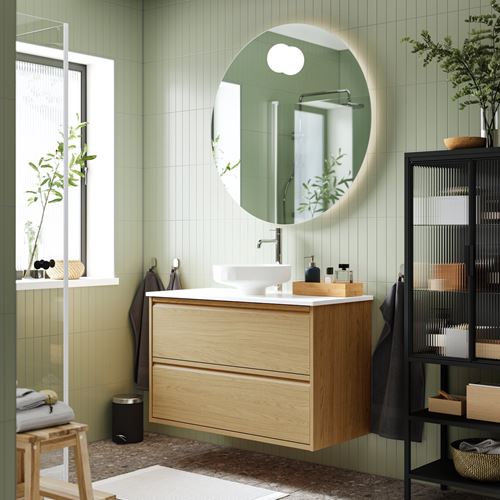 IKEA - ANGSJÖN/TOLKEN/LERSJÖN, wash-basin and cabinet, oak effect-white marble effect, 102x49x79 cm
