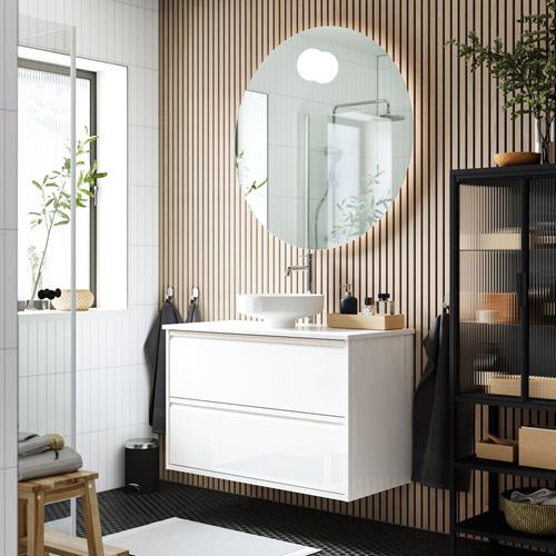 IKEA - ANGSJÖN/TOLKEN/LERSJÖN, wash-basin and cabinet, high-gloss white/white marble effect, 102x49x79 cm
