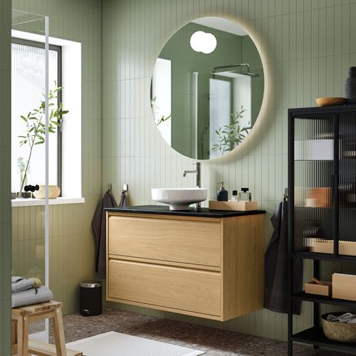 IKEA - ANGSJÖN/TOLKEN/LERSJÖN, wash-basin and cabinet, oak effect-black marble effect, 102x49x79 cm