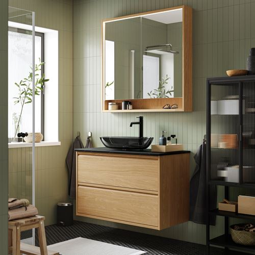 IKEA - ANGSJÖN/TOLKEN/OXMYREN, wash-basin and cabinet, oak effect-black marble effect, 102x49x77 cm