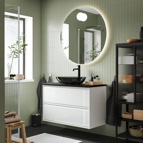 IKEA - ANGSJÖN/TOLKEN/OXMYREN, wash-basin and cabinet, glossy varnish white-black marble look, 102x49x77 cm
