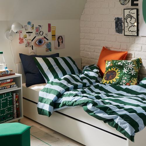 IKEA - SLANHOSTMAL, single duvet cover sets, light blue-dark green-striped, 150x200/50x60 cm