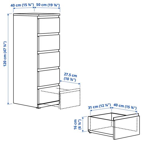 IKEA - STORKLINTA, 5 çekmeceli şifonyer, meşe görünümlü, 40x50x120 cm