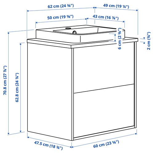 IKEA - ANGSJÖN/TOLKEN/BACKSJÖN, wash-basin and cabinet, oak effect-white marble effect, 62x49x71 cm