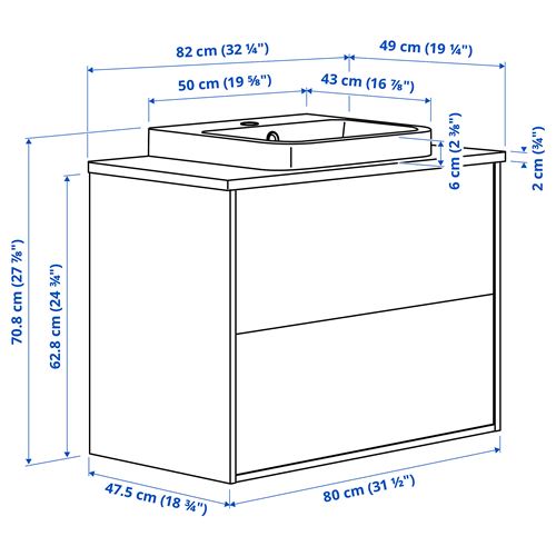 IKEA - ANGSJÖN/TOLKEN/BACKSJÖN, wash-basin and cabinet, oak effect-black marble effect, 82x49x71 cm