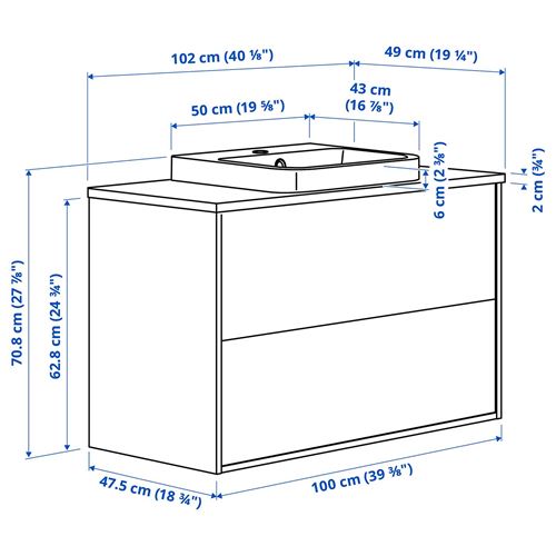 IKEA - ANGSJÖN/TOLKEN/BACKSJÖN, wash-basin and cabinet, oak effect-white marble effect, 102x49x71 cm