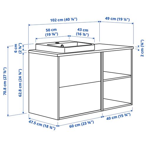 IKEA - ANGSJÖN/TOLKEN/BACKSJÖN, wash-basin and cabinet, oak effect-white marble effect, 102x49x71 cm